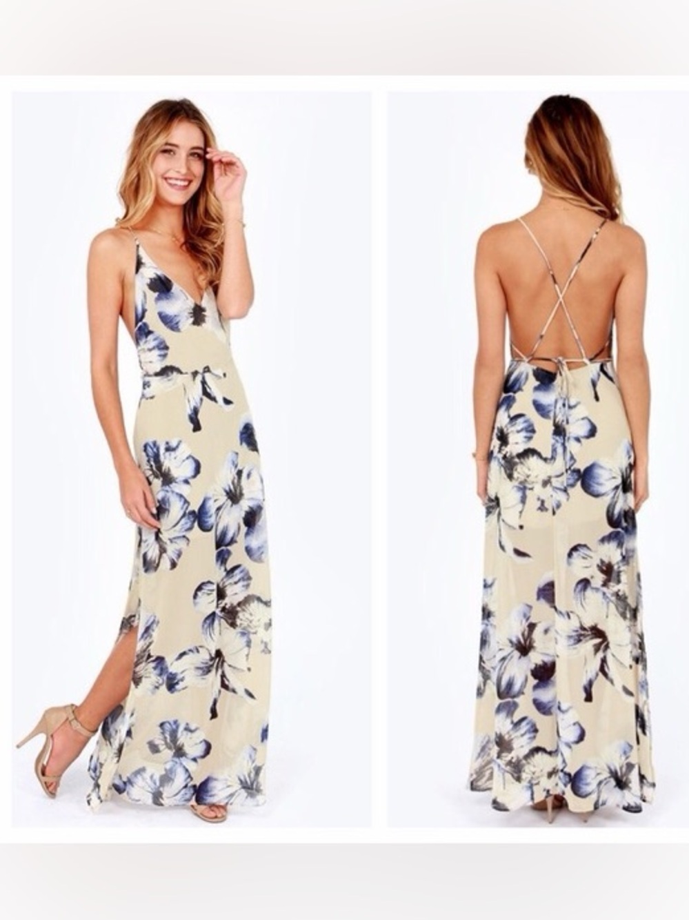 LUSH Long Ivory & Blue Floral Maxi Dress Sz S